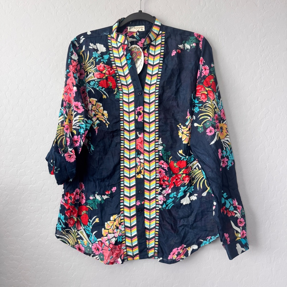 NWT Magazine XL Button Up Top Navy Floral Long Sleeve Embroidered Boho Blouse